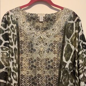 Chico’s Size 1 Green and Gold Beaded V-Neck top